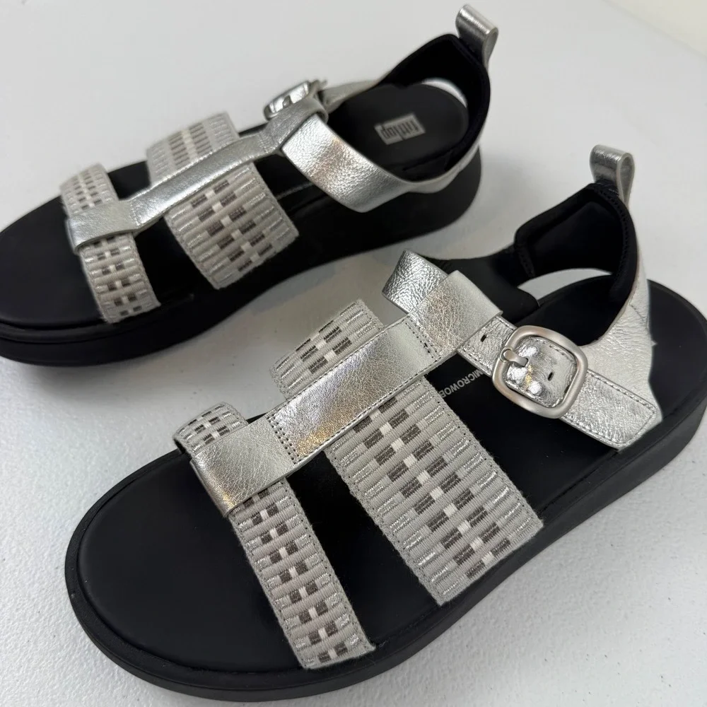 FITFLOP F-MODE METALLIC-LEATHER/WEBBING FLATFORM FISHERMAN SANDALS Women's 9 US
